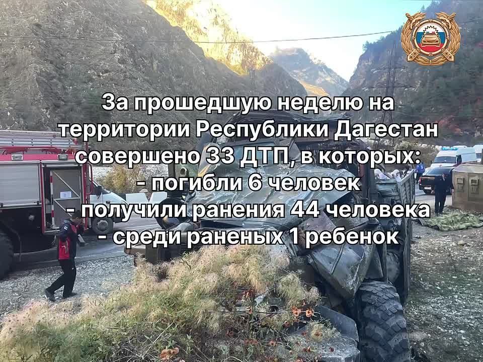 С 13 по 19 октября 2025 года на территории Республики Дагестан зарегистрировано 33 ДТП, в которых погибли 6 человек и получили ранения различной степени тяжести 44 человека, среди них 1 ребенок