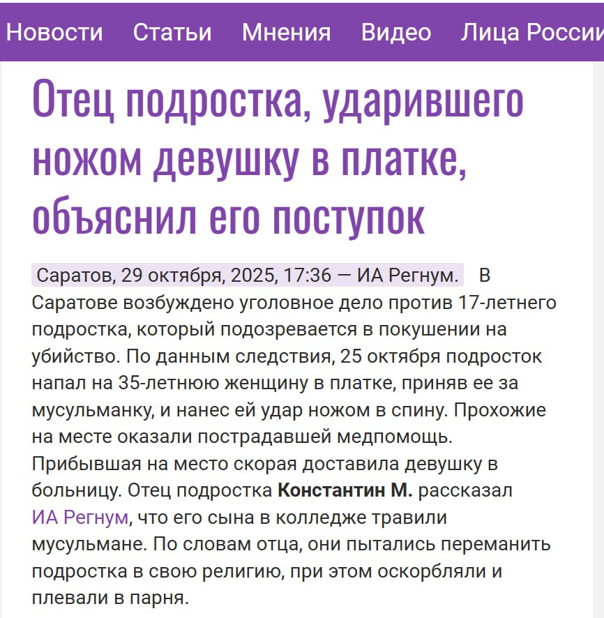 Материал ИА «Регнум» искажает суть преступления и смещает акценты с жертвы на нападавшего