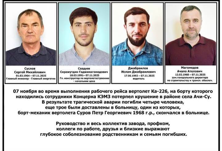 Кизлярский электромеханический завод опубликовал имена и фотографии погибших при крушении вертолета в Дагестане