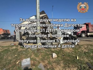 С 17 по 23 ноября 2025 года на территории Республики Дагестан зарегистрировано 31 ДТП, в котором погибли 8 человек и получил ранения различной степени тяжести 51 человек, среди них 4 детей