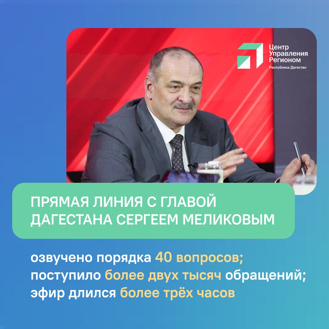 В Дагестане состоялась масштабная прямая линия с Главой республики Сергеем Меликовым, в рамках которой поступило около двух тысяч обращений, а в эфире продолжительностью свыше трёх часов было озвучено порядка 40 ключевых...