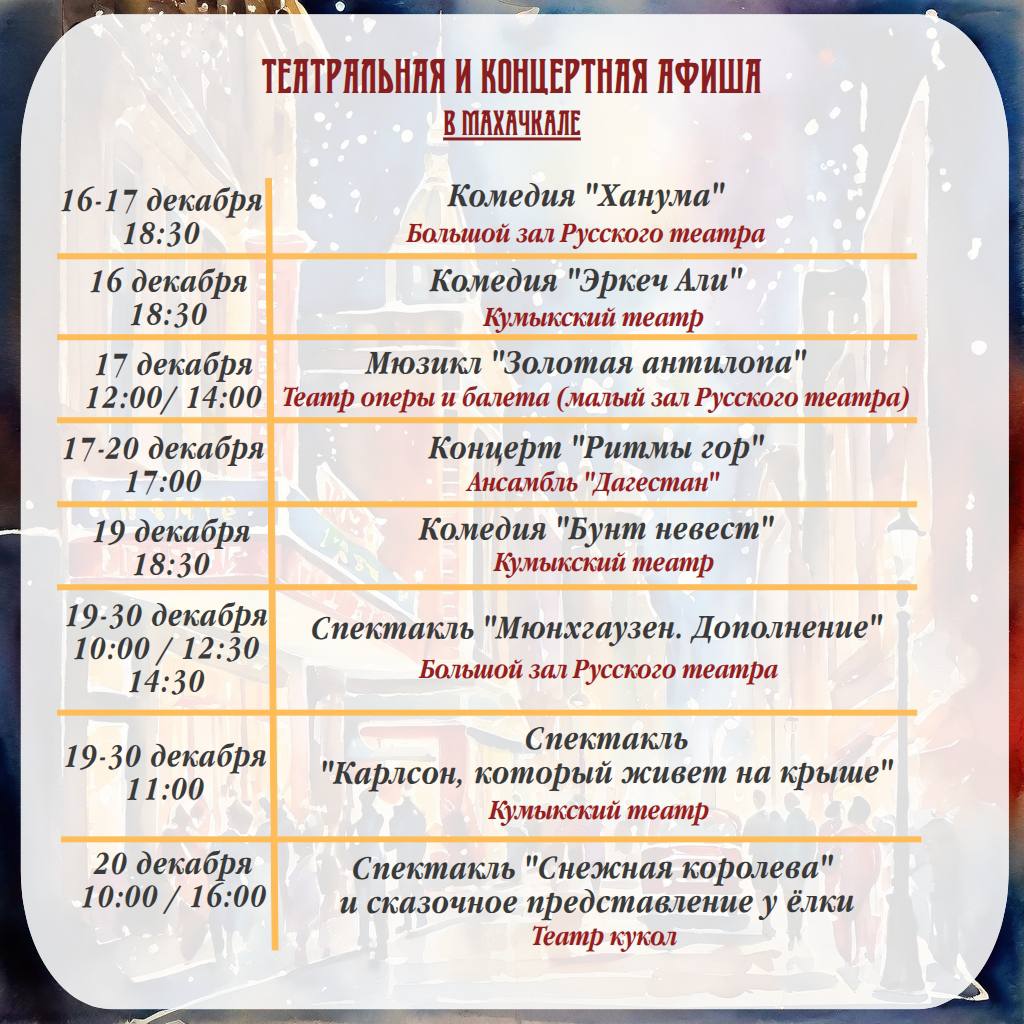 Новый год на пороге!. С 15 по 31 декабря культурные учреждения республики представят праздничную программу для людей всех возрастов! Дагестанские театры покажут тематические постановки и спектакли, ожидают зрителей и премьеры Новый год на пороге!. С 15 по 31 декабря культурные учреждения республики представят праздничную программу для людей всех возрастов! Дагестанские театры покажут тематические постановки и спектакли, ожидают зрителей и премьеры