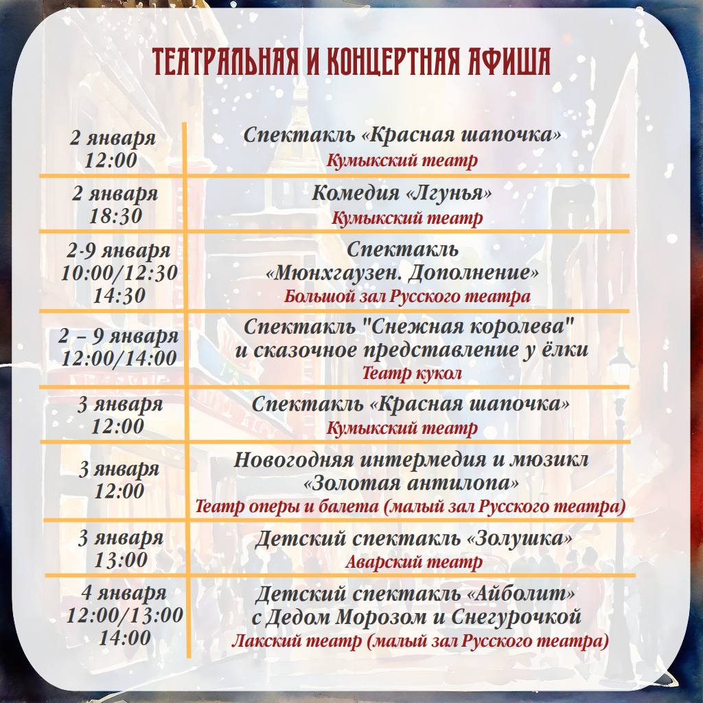 Учреждения культуры Дагестана подготовили множество увлекательных мероприятий в новогодние праздники Учреждения культуры Дагестана подготовили множество увлекательных мероприятий в новогодние праздники